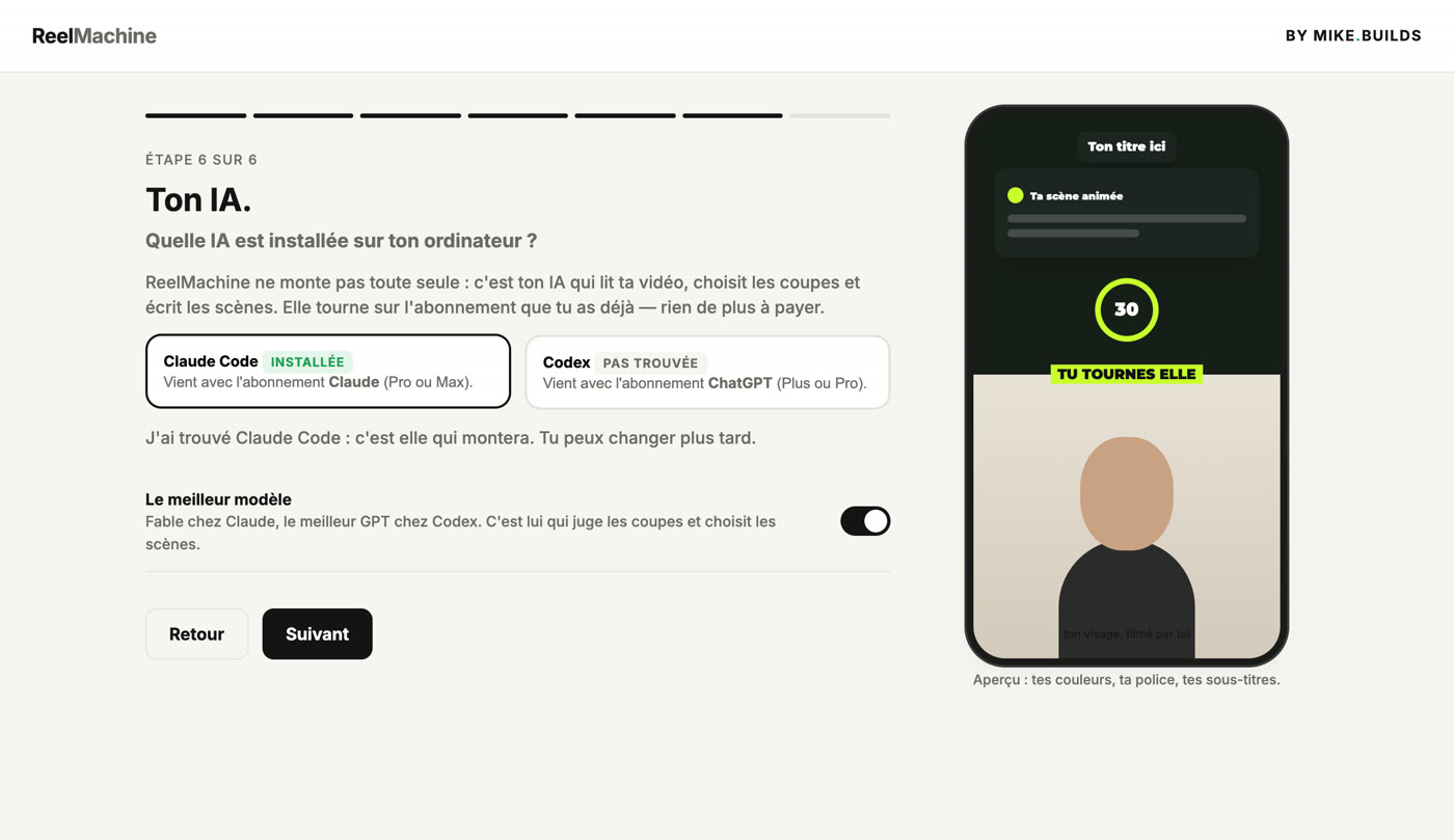 L'étape « Ton IA » : Claude Code détecté comme installé, Codex pas trouvé, le meilleur modèle activé