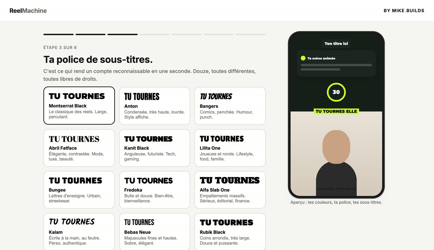 L'étape « Ta police de sous-titres » : douze polices, chacune montrée sur « Tu tournes »