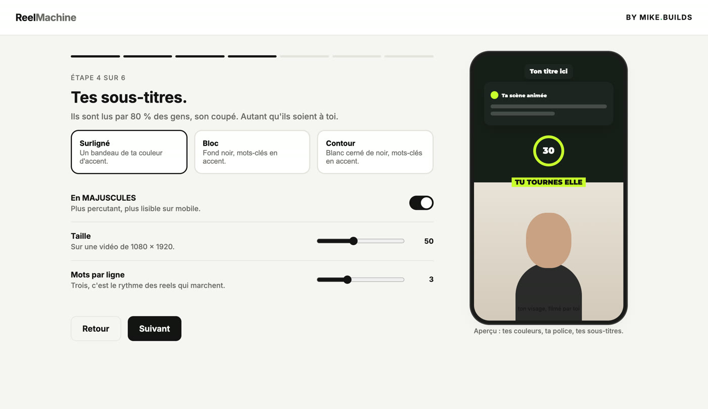 L'étape « Tes sous-titres » : surligné, bloc ou contour, majuscules, taille, mots par ligne